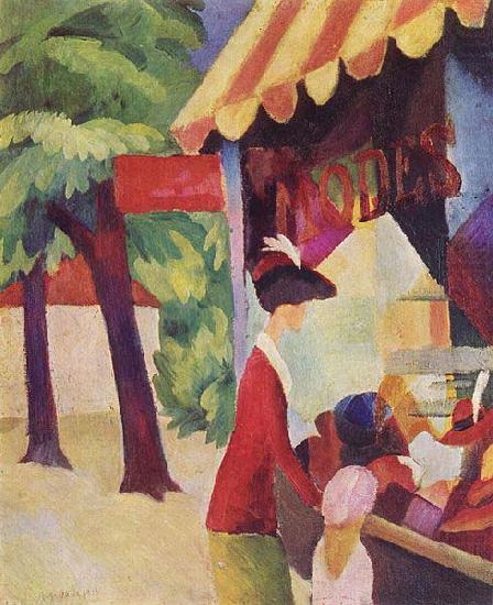 Vor dem Hutladen (Frau mit roter Jacke und Kind), August Macke